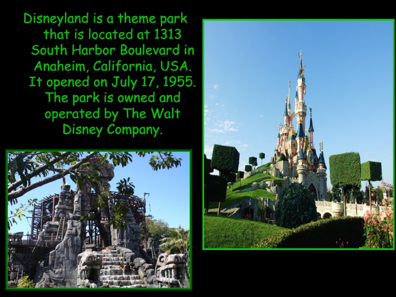 Disneyland is a theme park that is located at 1313 South Harbor Boulevard in